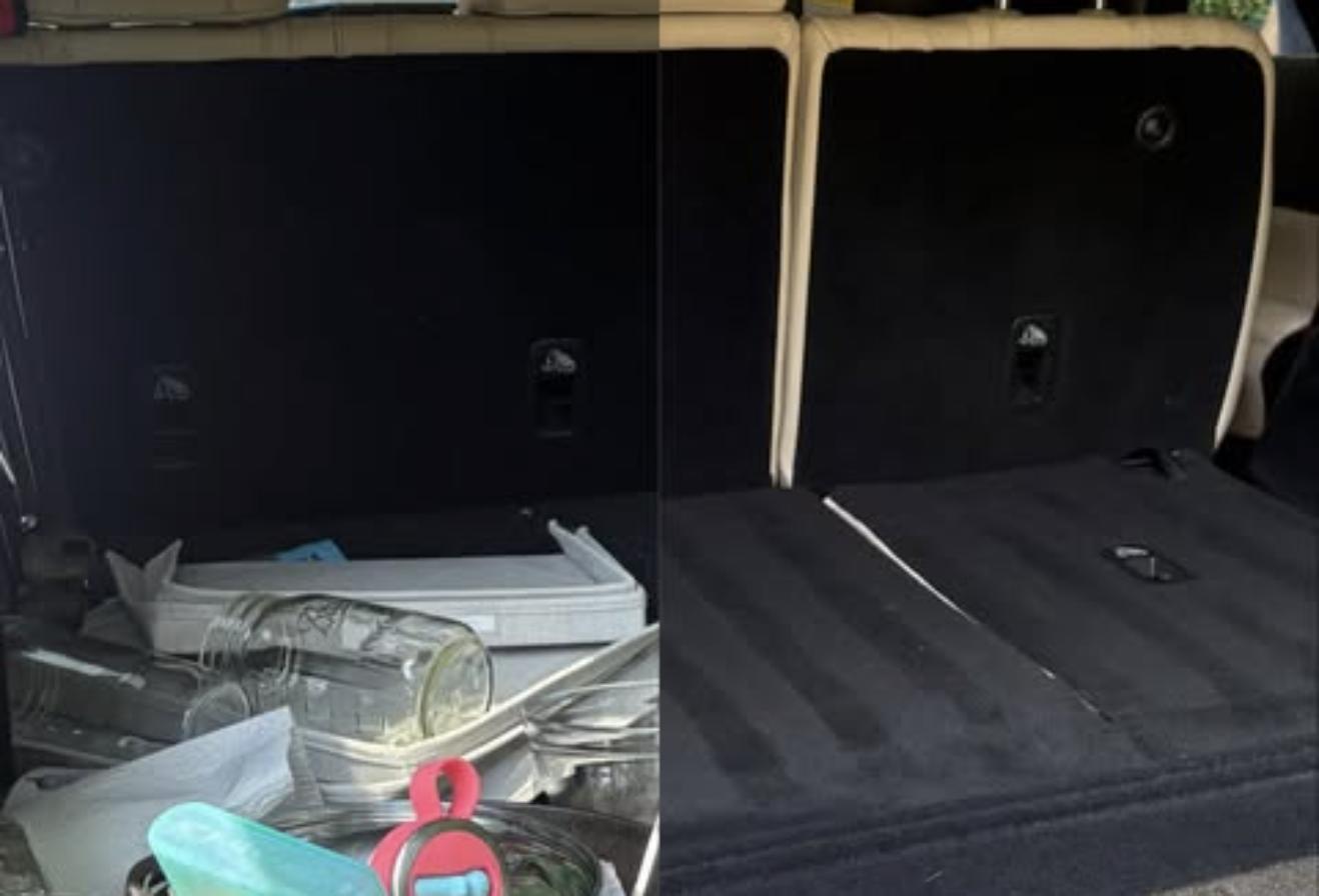 Boone Mobile Detailing tan leather cargo area before and after deep clean in Midlothian VA