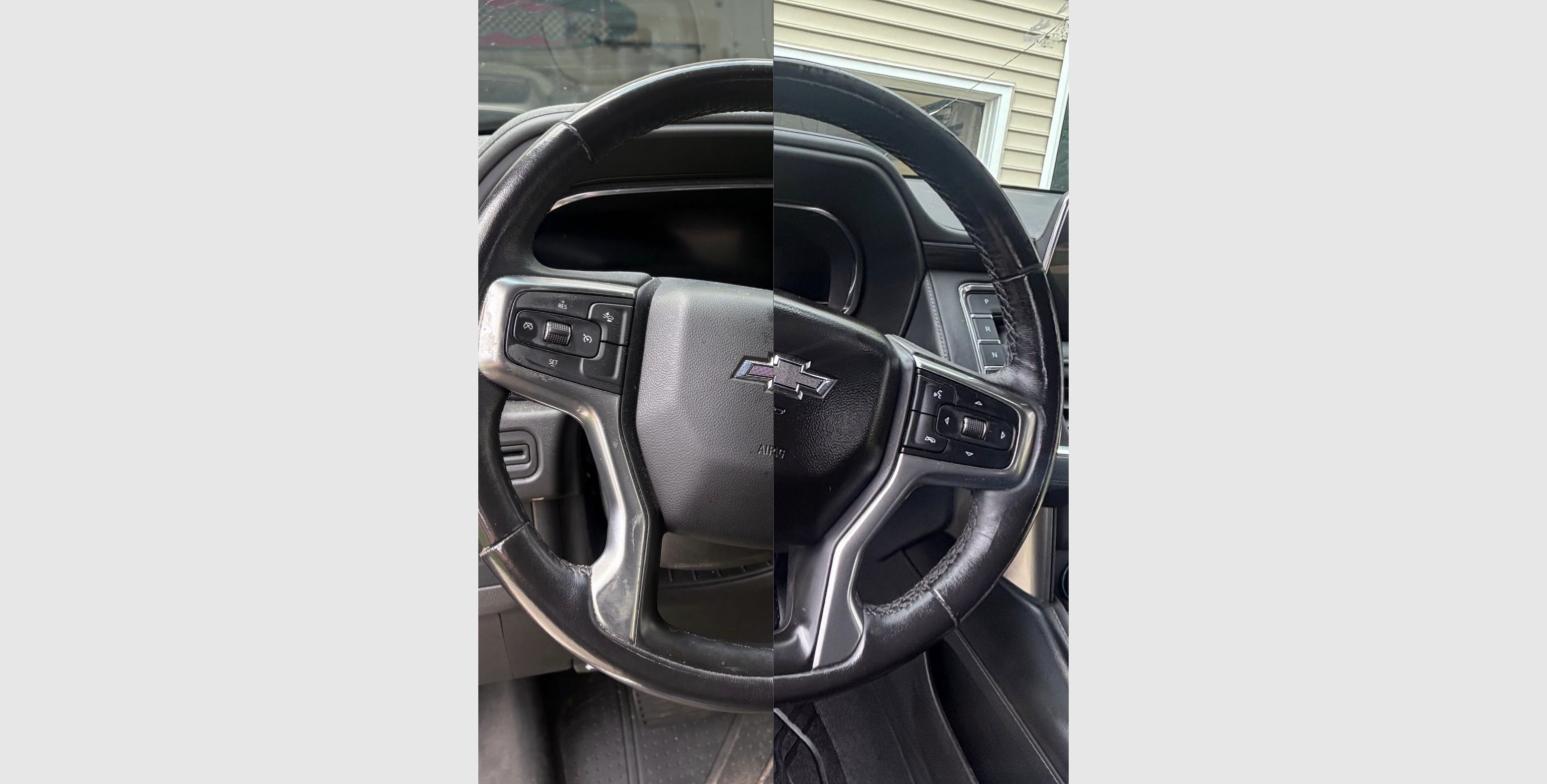 Boone Mobile Detailing steering wheel before and after deep clean in Midlothian VA